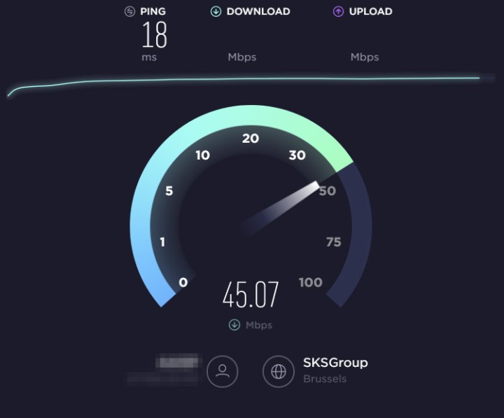 Speedtest.net screenshot showing its internet speed test's results as a speedometer illustration.
