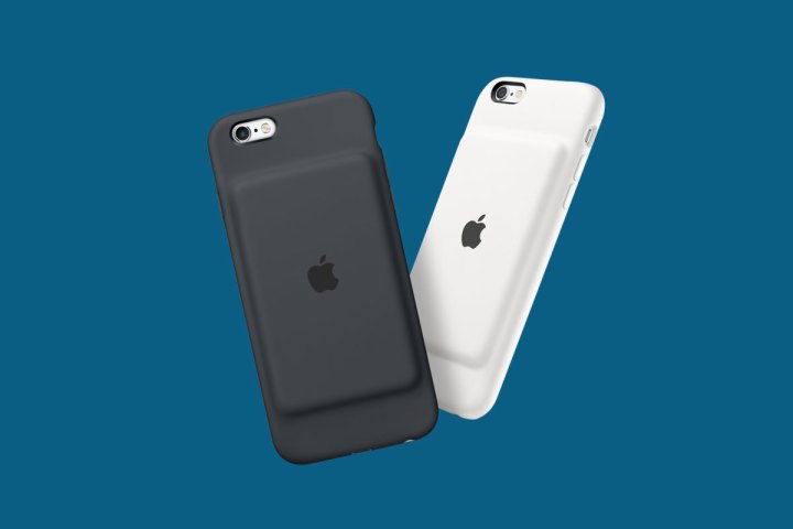 Two Apple iPhones, each inside a Smart Battery Case.  One is white case and the other is black case.