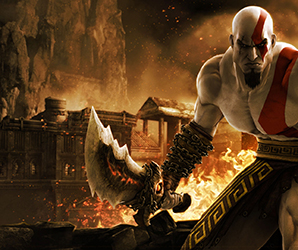 Kratos standing by a burning town.