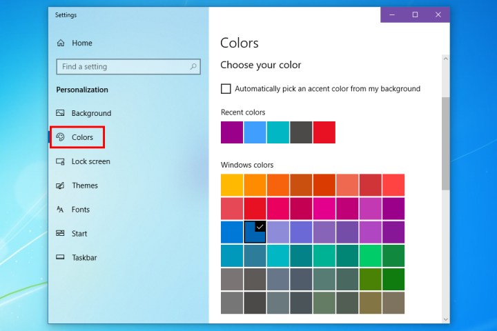 Выбор цветов Windows 10.