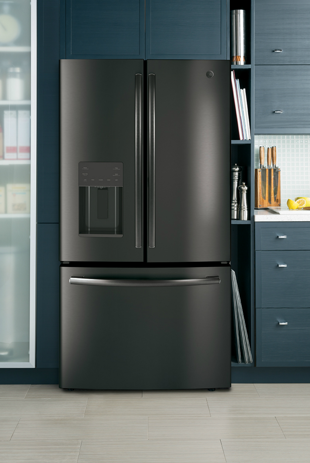 ge high capacity french door fridge  black stainless steel