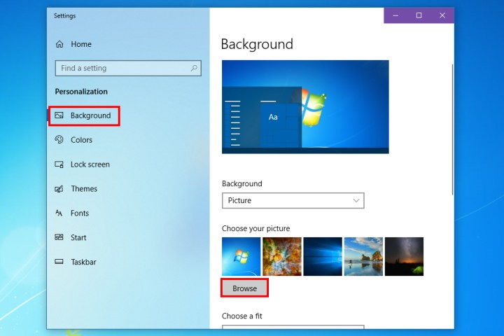 Selecting wallpaper in Windows 10.