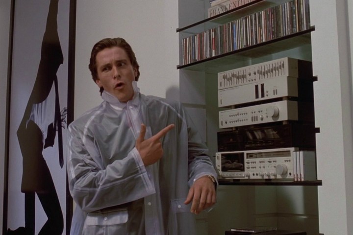 Patrick Bateman pointing to a stereo in "American Psycho."