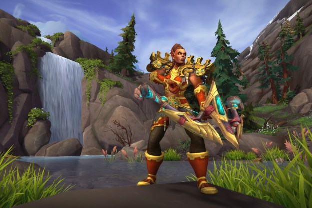 A warrior stands in front of a waterfall in Battle for Azeroth.