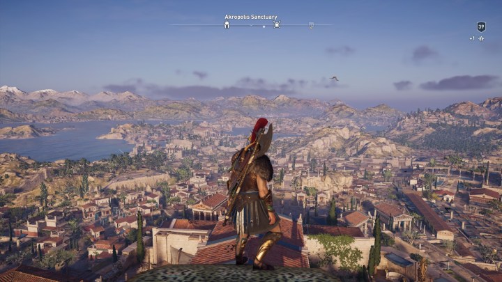 Vista de alto ponto de vista da cidade em Assassin's Creed Odyssey.
