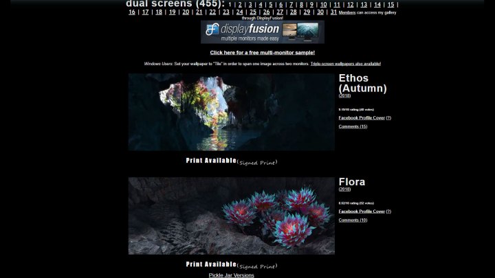 Скриншот веб-сайта Digital Blasphemy, показывающий два из доступных обоев: Ethos (Осень) и Flora.