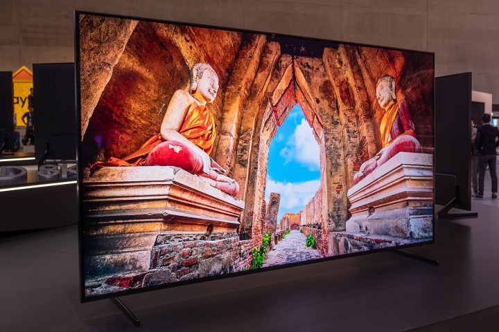 Carved statues in front of a stone gothic arch on a Samsung Q900 TV. 