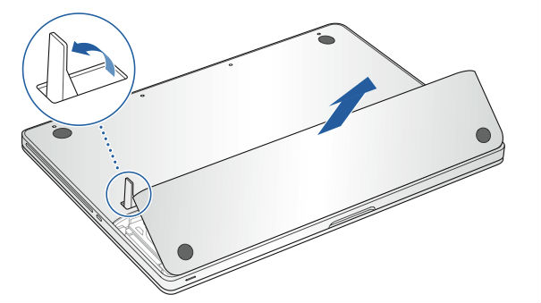Diagrama mostrando como abrir o compartimento da bateria do MacBook Pro.