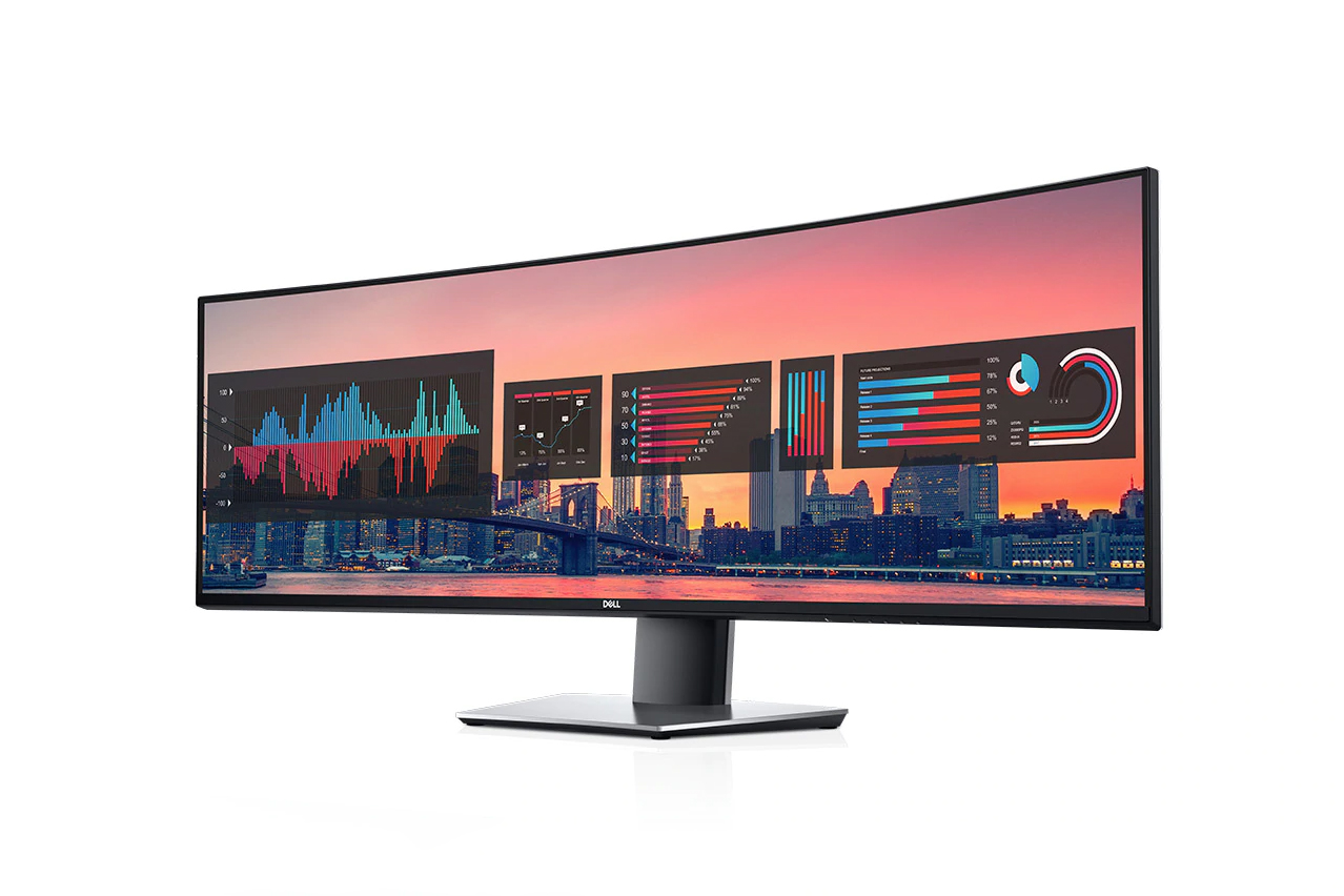 Um monitor curvo ultralargo Dell UltraSharp 49 exibe infográficos com uma paisagem urbana em segundo plano.