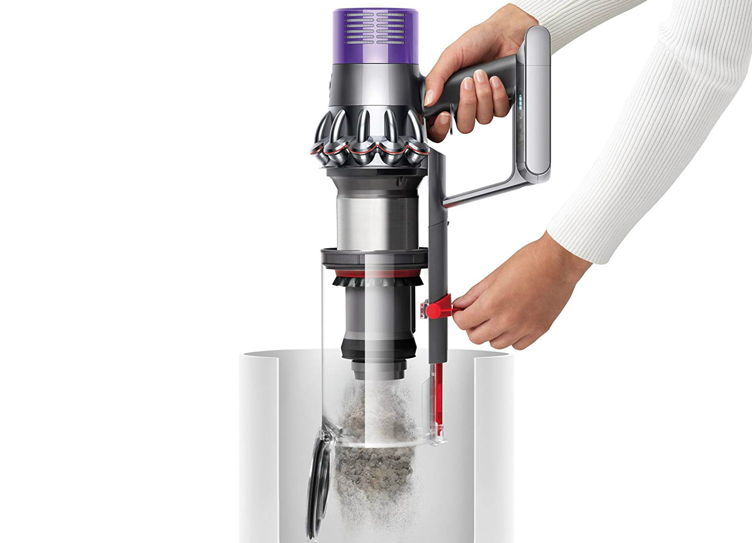 The Dyson V10 point-and-shoot dustbin.
