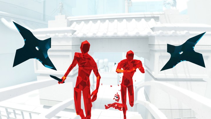 Two shurikens are thrown at enemies in Superhot VR.