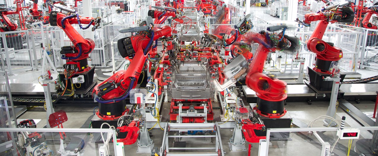 The interior of a Tesla factory.