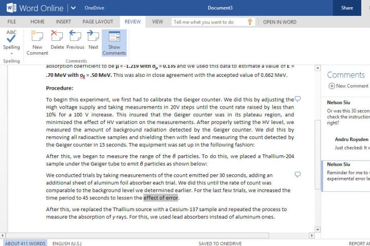 A screen in Microsoft Word Online.