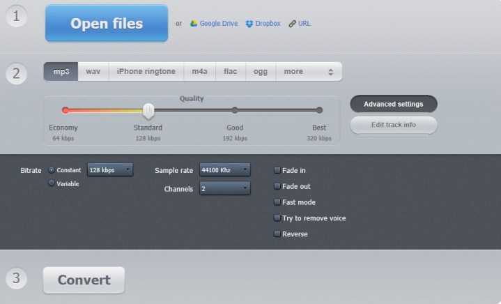 Settings on the Online Audio Converter site.