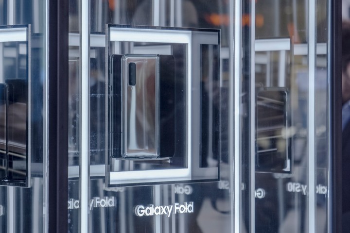 Samsung Galaxy Fold behind a glass case at Mobile World Congress