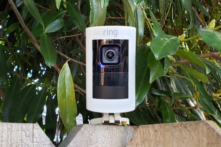 The wireless version of the Ring Stick Up security camera, placed outdoors.
