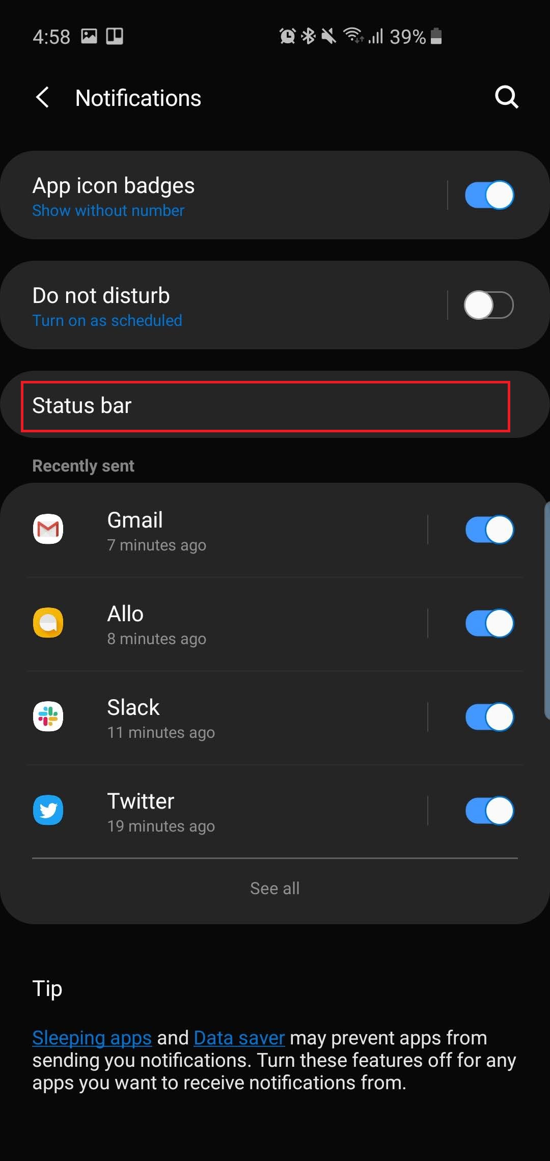 how to change status bar icon settings for Samsung Galaxy A53 phone android  12 