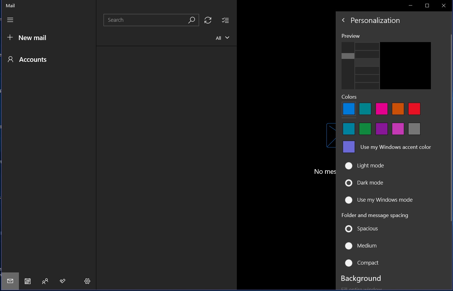Windows Mail app Dark Mode screenshot