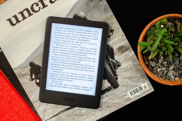 An Amazon Kindle displayed on a coffee table.