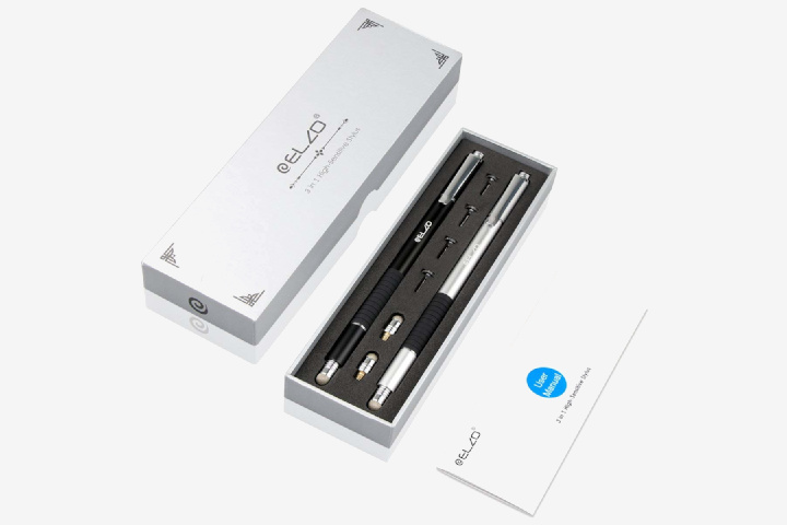The Elzo 3-in-1 stylus in its box.