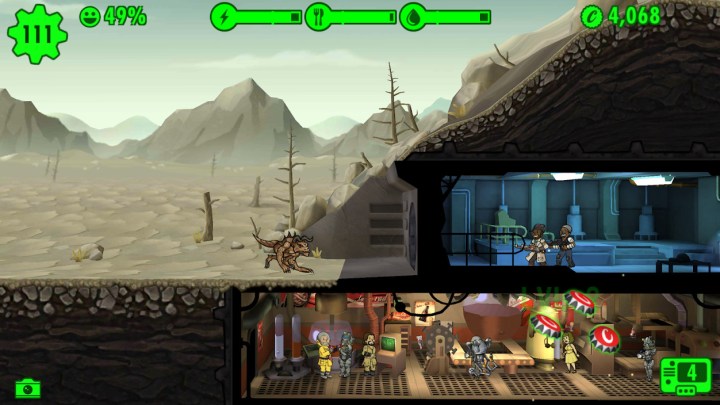 Fallout Shelter's main screen, showing the outside world and a few initial rooms.