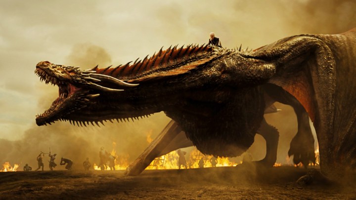 Drogon roaring on a battlefield in Game of Thrones.