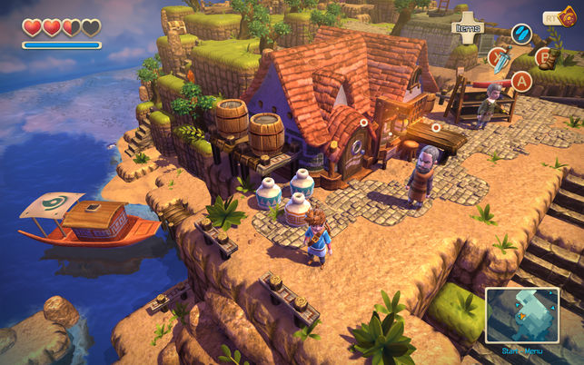Oceanhorn game on iPad Pro showing character exploring a town.