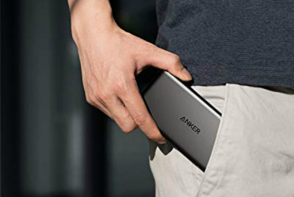 The Anker PowerCore Slim in a pocket.