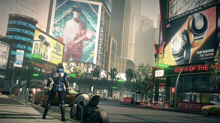 A cop peers out a a city in Astral Chain.
