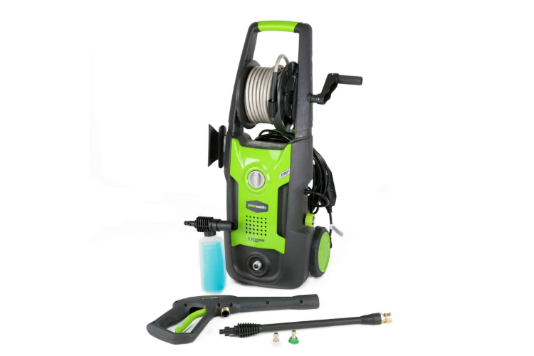 amazon deals on greenworks pressure washers and yard tools 1700 psi 13 amp 1 2 gpm washer with hose reel gpw1702