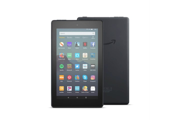 The Amazon Fire 7 tablet, viewed from the front and the back, with apps displayed on the screen.