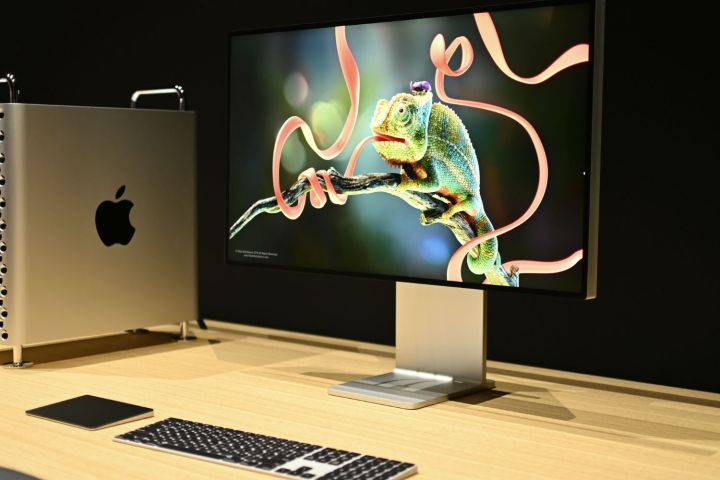 Apple's Pro Display XDR monitor next to a Mac Pro.