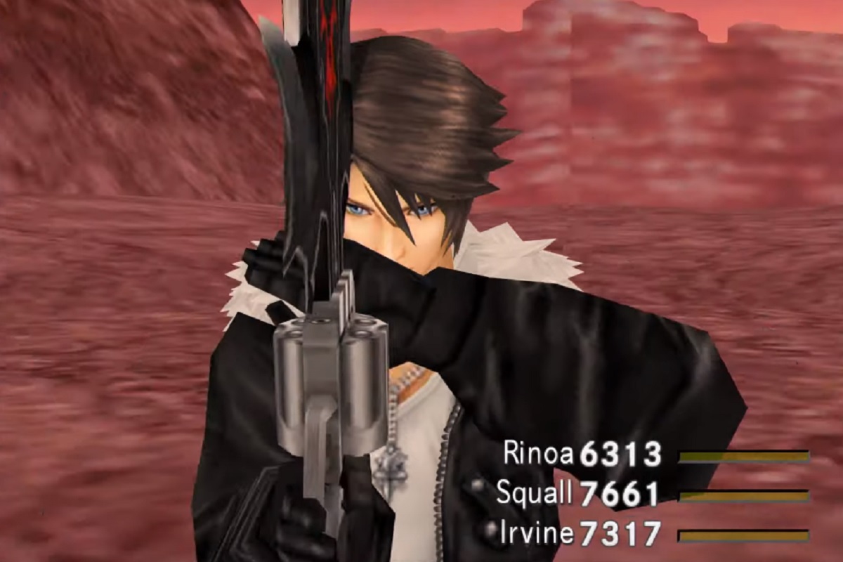 Squall holding his gunblade up to his hand.