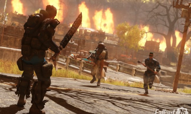 Raiders in Fallout 7 fighting near fire.
