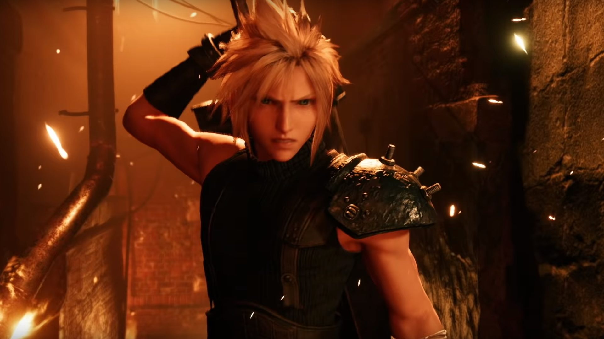 Cloud about to draw his sword in a burning alley.