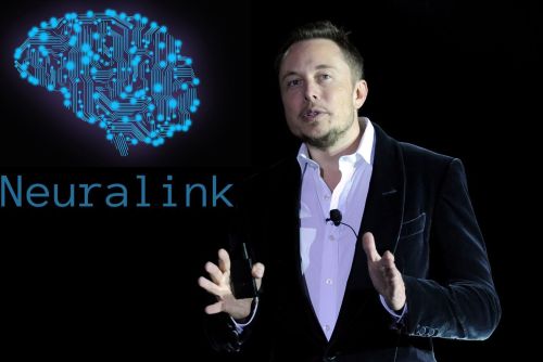 Elon Musk stands in front of the Neuralink logo.