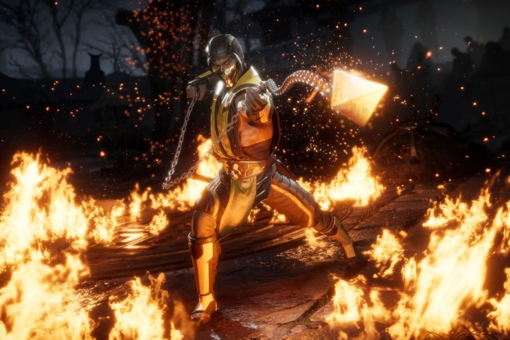 Scorpion throws a flaming weapon in Mortal Kombat 11.