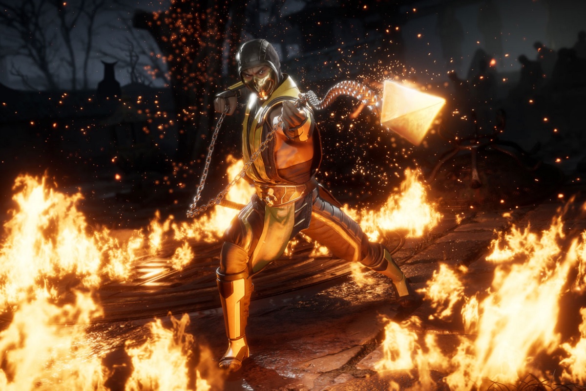 Scorpion lança uma arma flamejante em Mortal Kombat 11.
