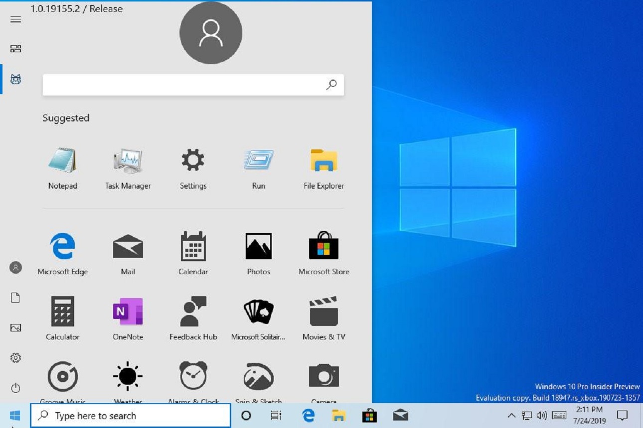 Windows 10 internal build desktop mode start menu