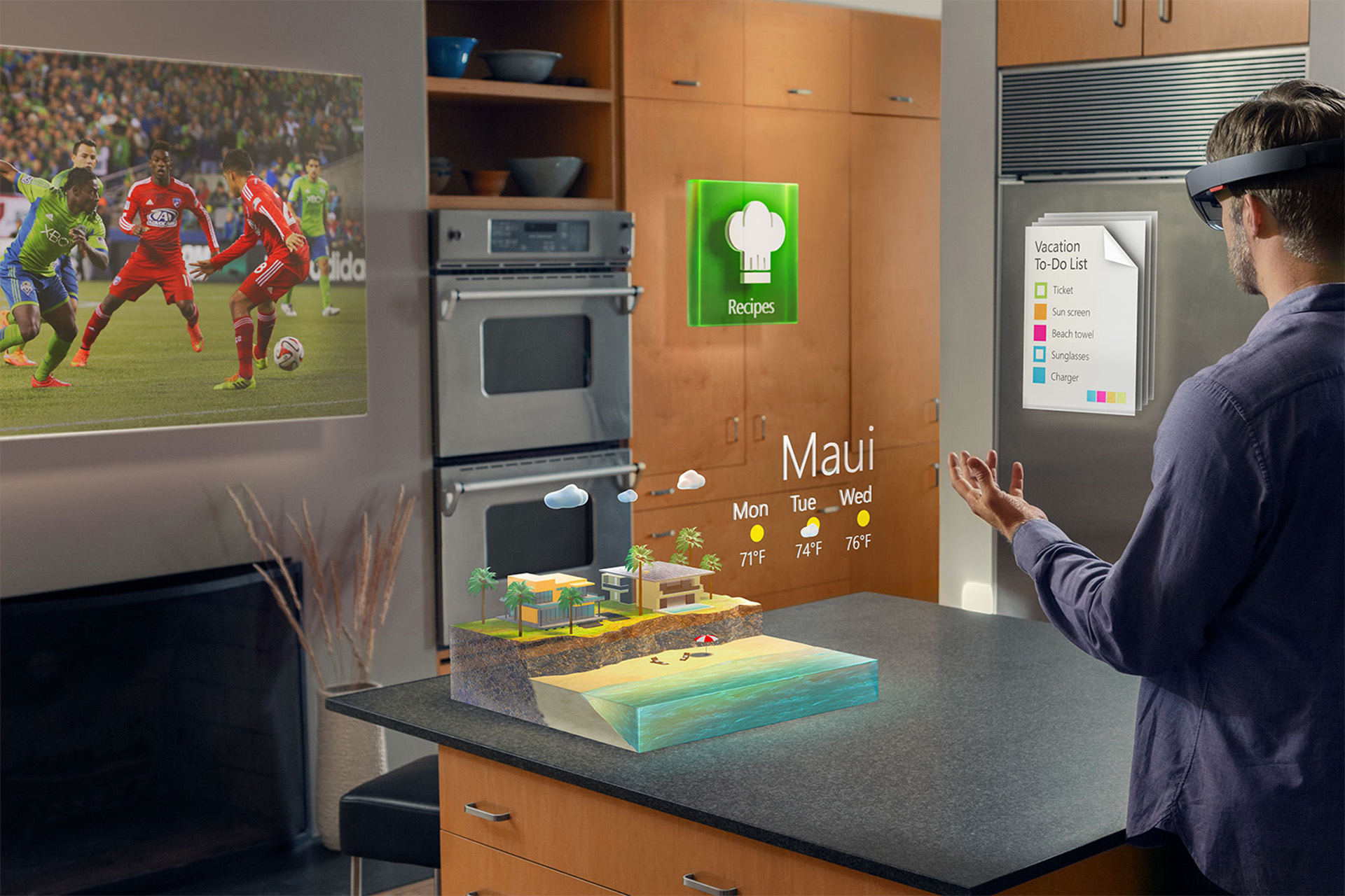 A person wearing Microsoft HoloLens interacts with virtual objects in simulated rendering.