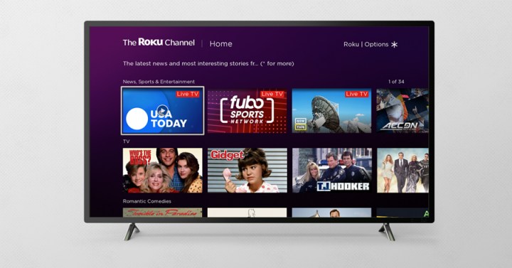 A TV displaying the home screen for The Roku Channel.