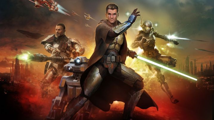 A collage of characters in Star Wars: The Old Republic promo art.