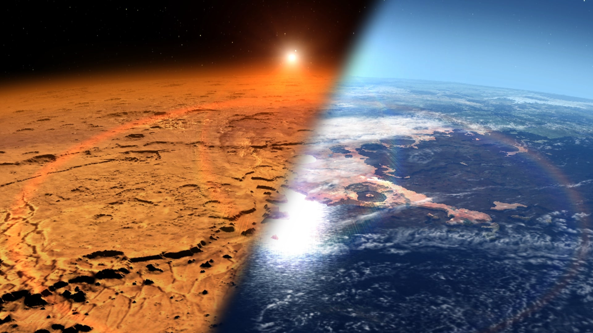 An artist'c concept showing Mars today on the left and Mars as it could have been, covered in water, on the right.