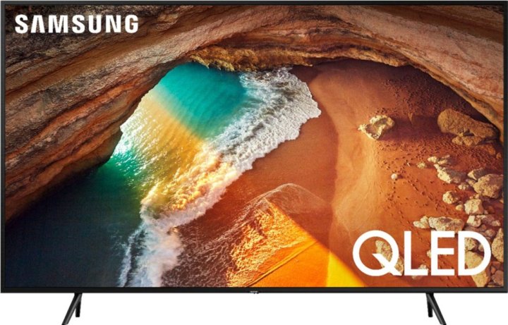 A 60-inch Samsung QLED 4K TV with a landscape view on the screen.