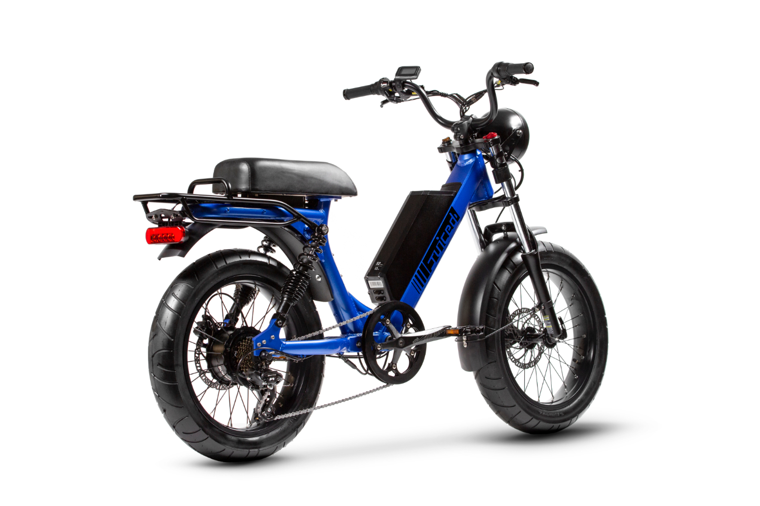 juiced bikes scorpion moped style e bike packs performance safety and comfort blue backangle