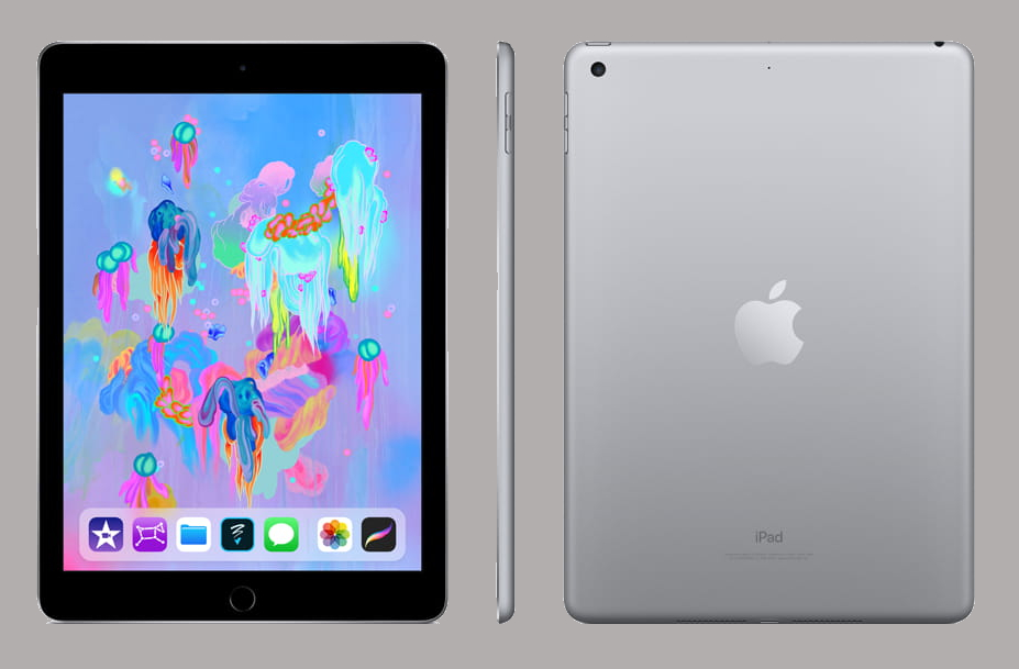 Three different views of the 6th-generation Apple iPad.