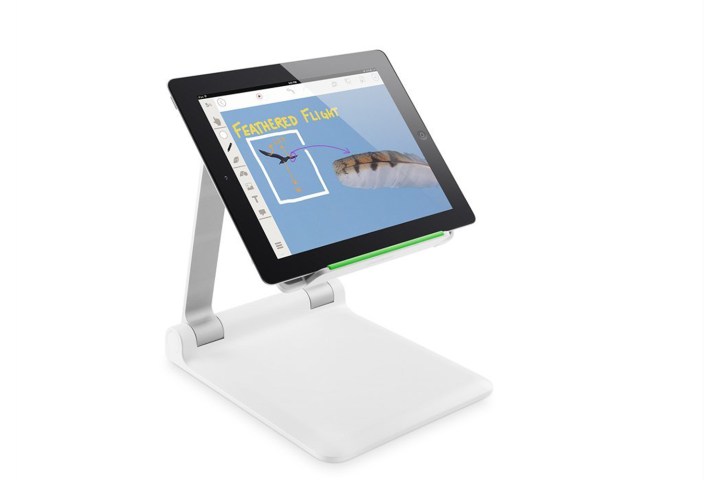 Belkin Portable Tablet Stage in white and silver holding a tablet.