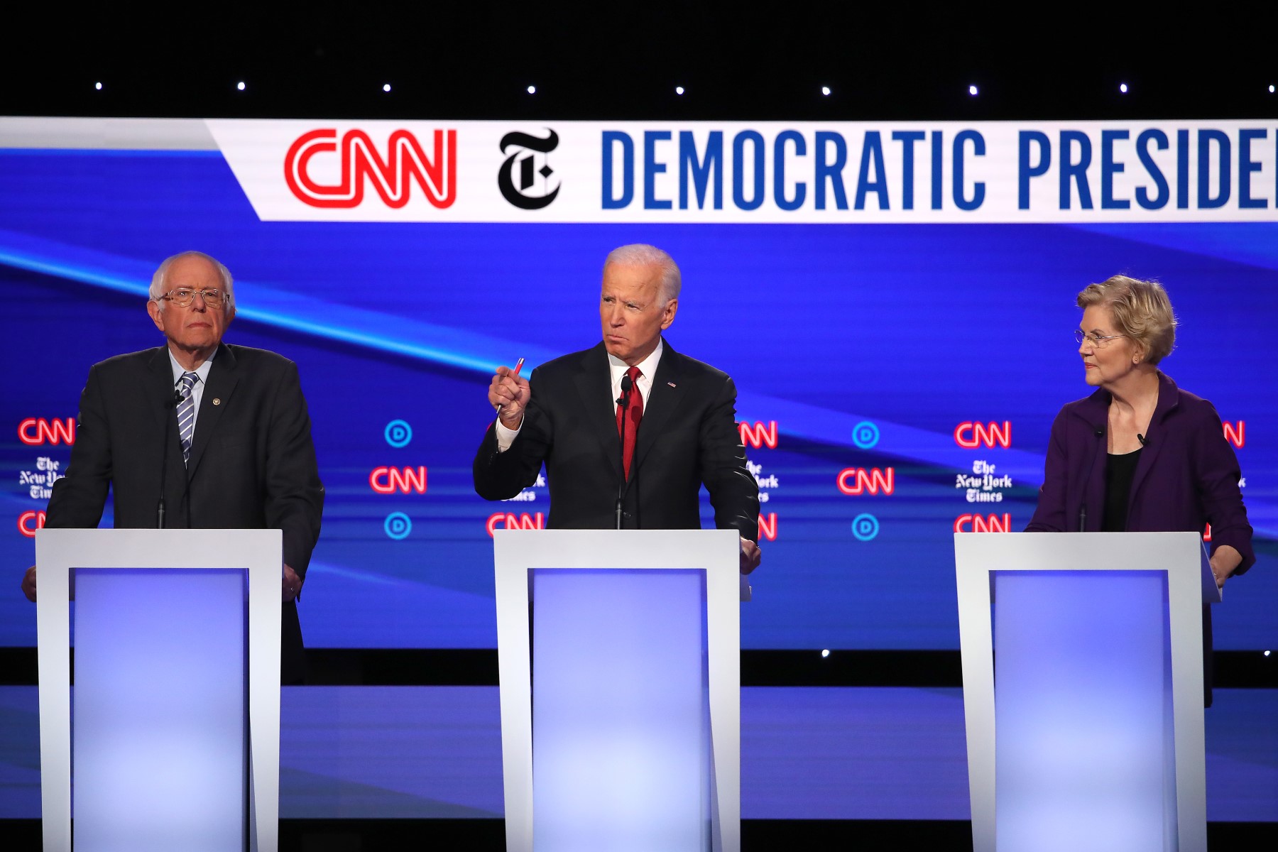 Bernie Sanders, Joe Biden, and Elizabeth Warren at the Fourth Democratic Debate