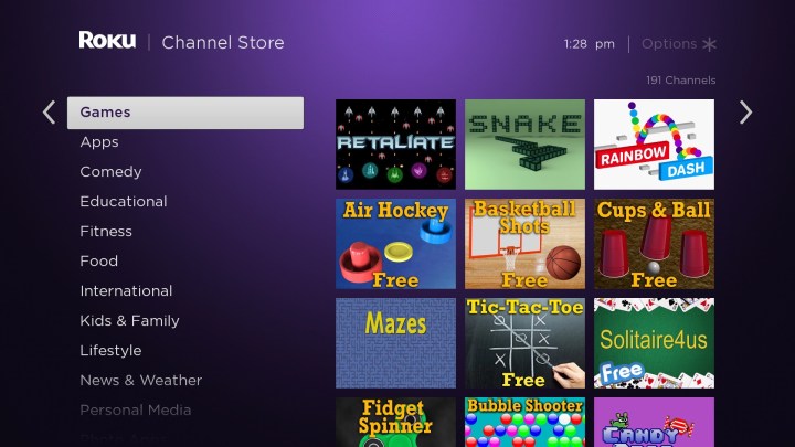 The Roku Channel Store with the Games menu.