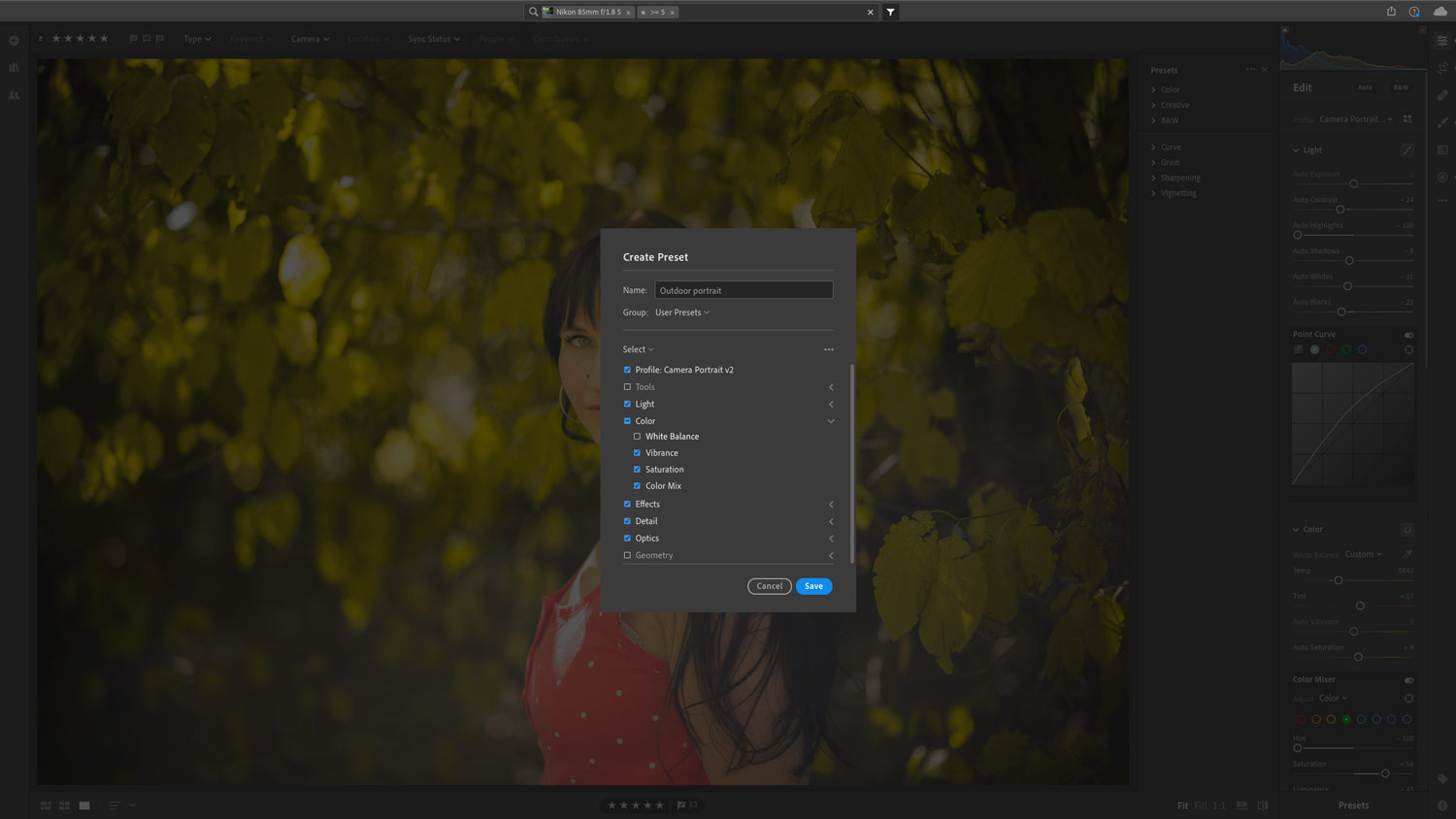 Screenshot of presets creation menu in Adobe Lightroom CC